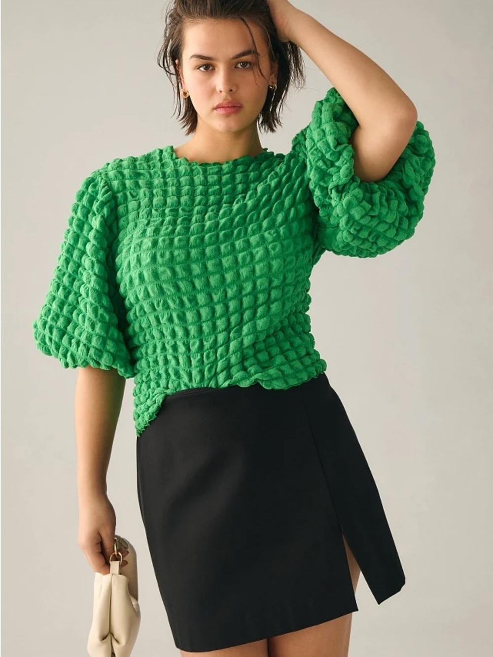 Anthropologie Textured Puff Sleeve Top in Bright Green